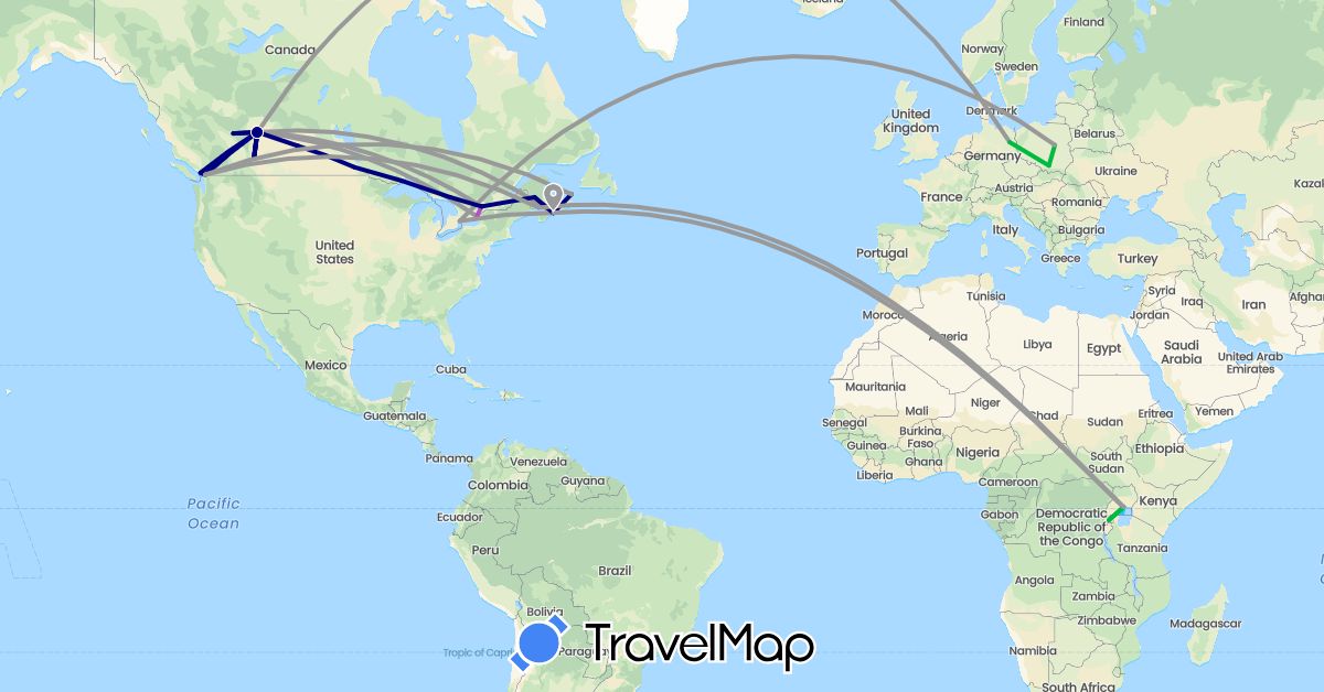 TravelMap itinerary: driving, bus, plane, train, boat in Canada, Germany, Poland, Rwanda, Uganda (Africa, Europe, North America)
